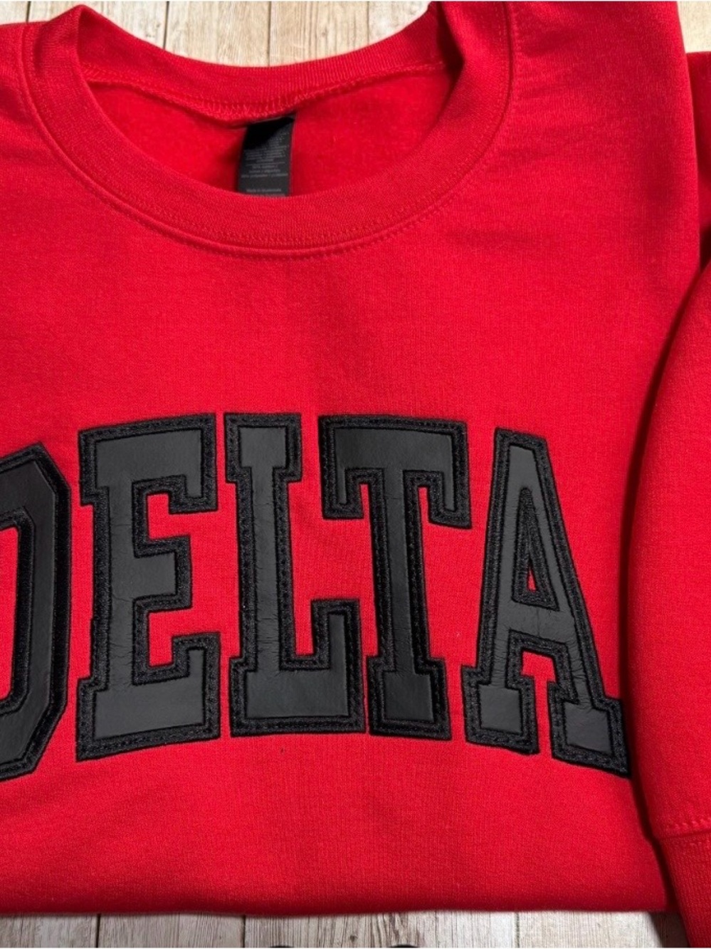 Red Crewneck Sweater with Black Appliqué Lettering